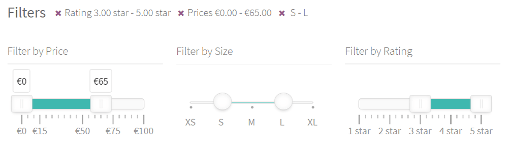 Range slider filter style in the annasta Woocommerce product filters plugin for the price filter, product rating filter, and a taxonomy-based range slider control example.